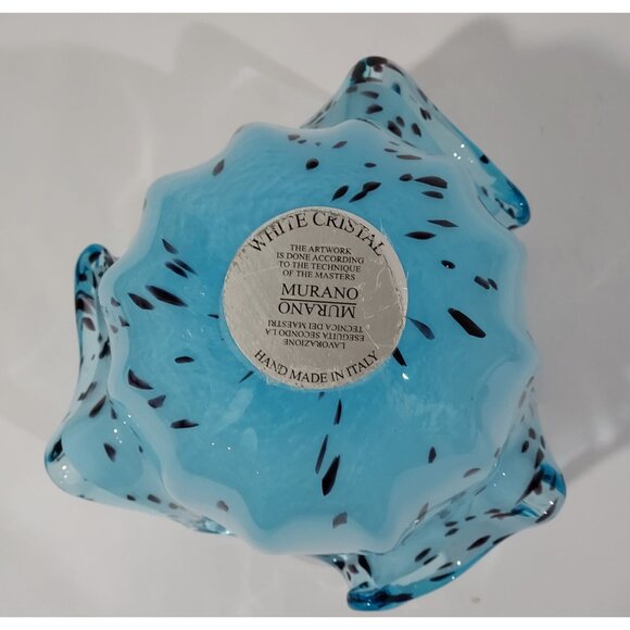 Murano Free Form Hand-Blown Blue Black Speckled Glass Vase Bowl Tulip Flower - Picture 5 of 10